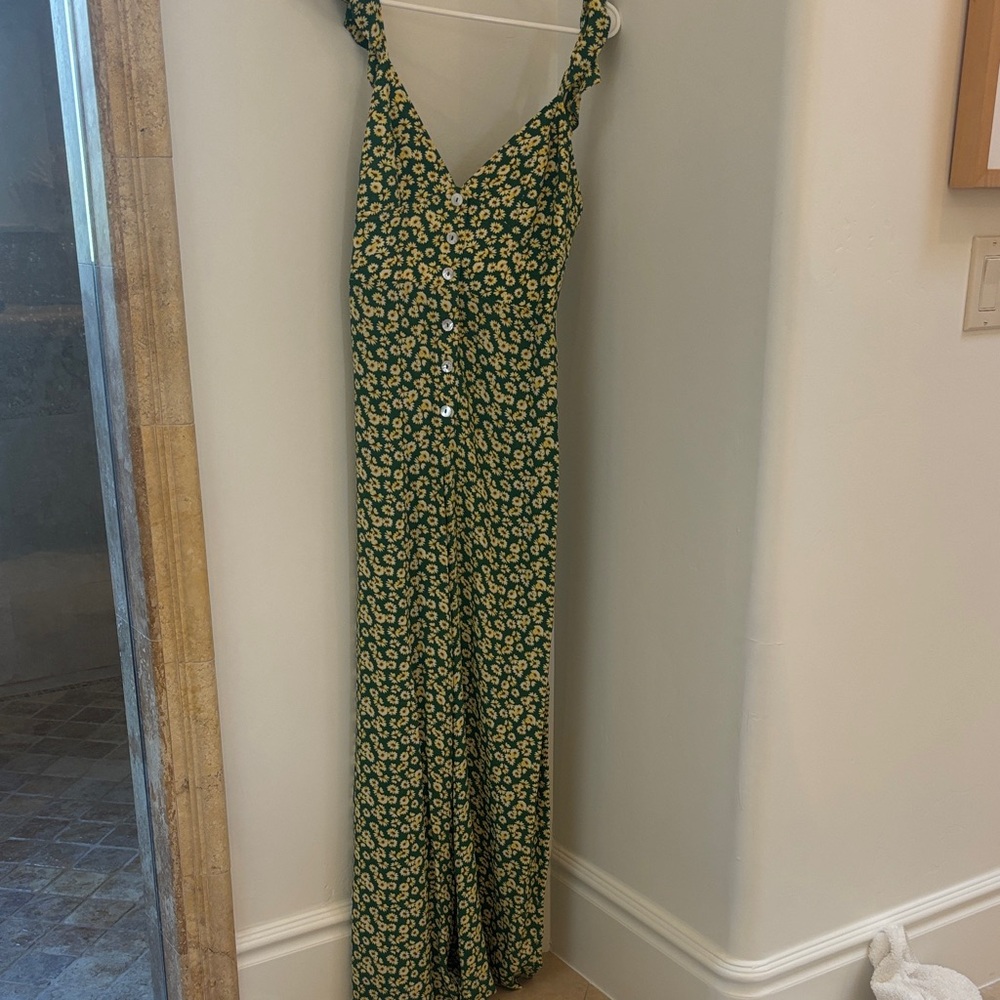 Green Floral Button-Front Jumpsuit